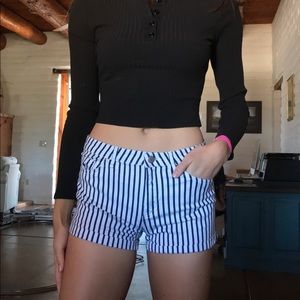 navy and white pin stripe shorts